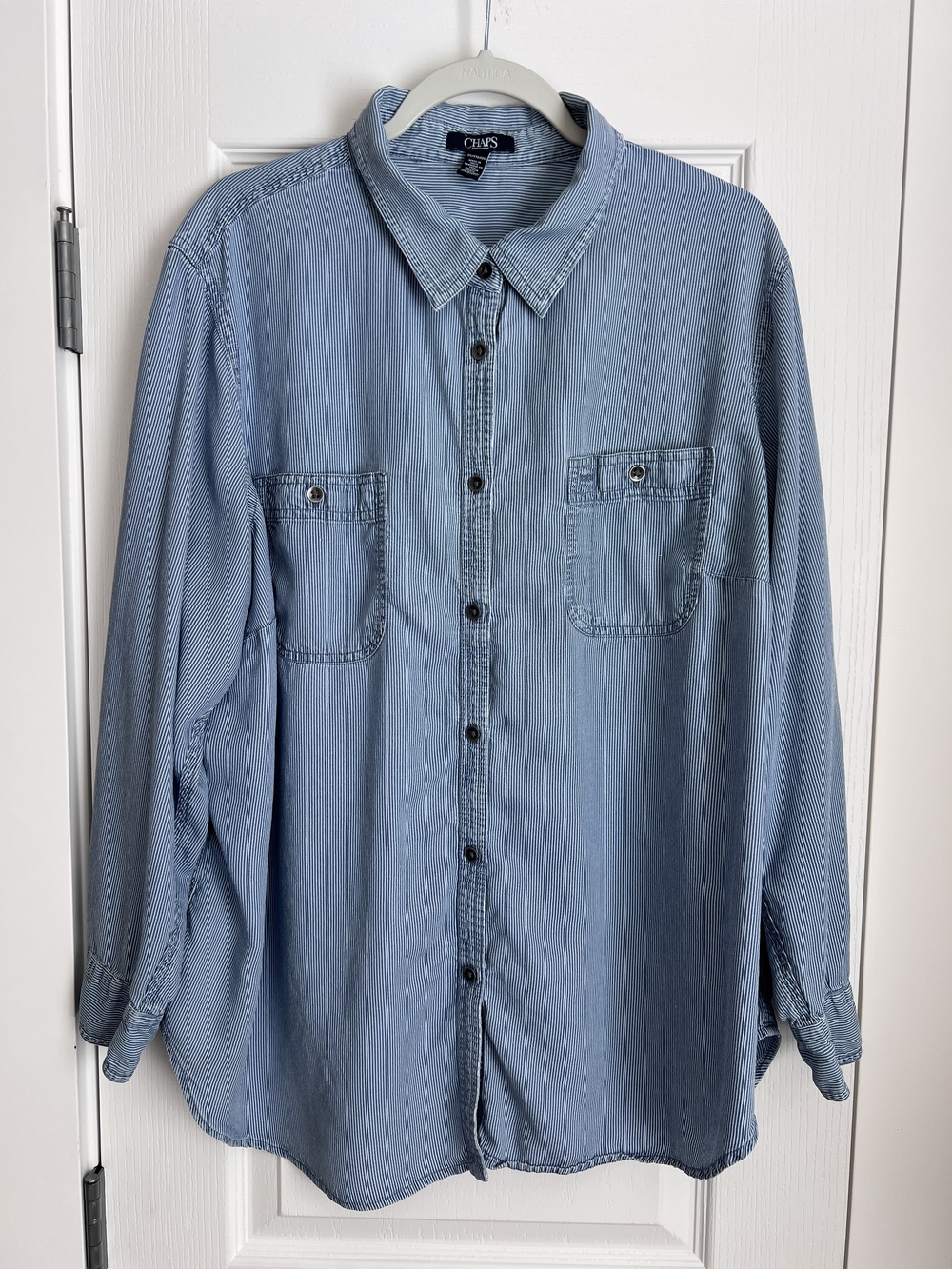 Chaps Blue White Striped 100% Lyocell Chambray Utility Shirt Size 2X Plus